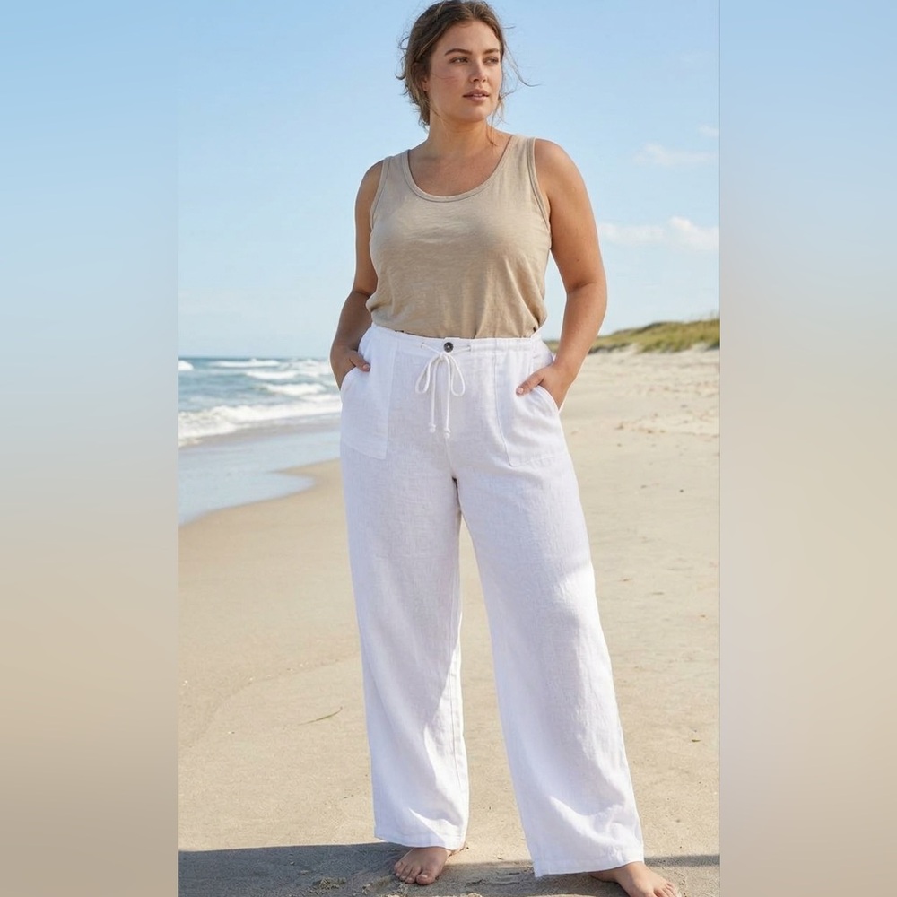 Soft Surroundings White Wide-Leg Linen Drawstring Pants Relaxed Boho Trousers